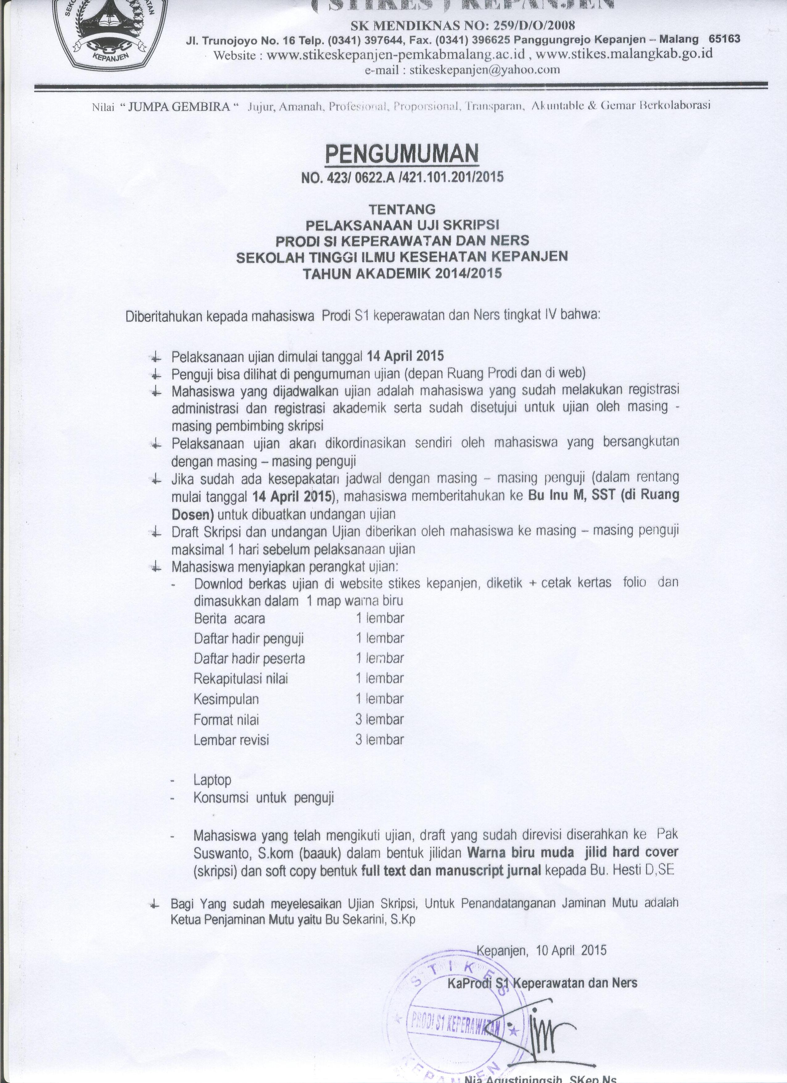 Pengumuman Uji Skripsi Gelombang II Prodi S1 Keperawatan dan Ners Tahun Akademik 2014/2015